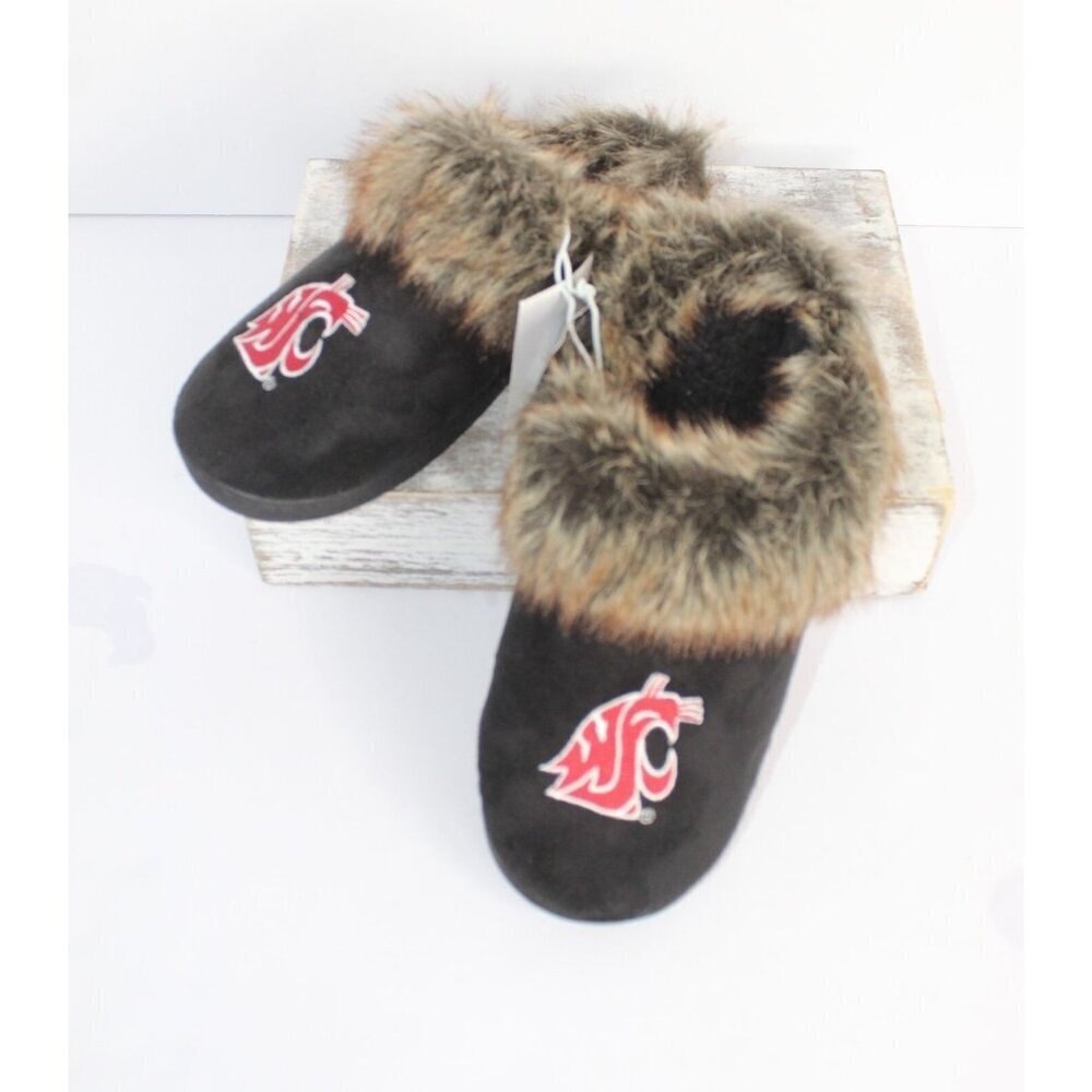 Washington State Cougars Slippers Women's‎ M 7-8 Black Fur Lined Licensed NWT